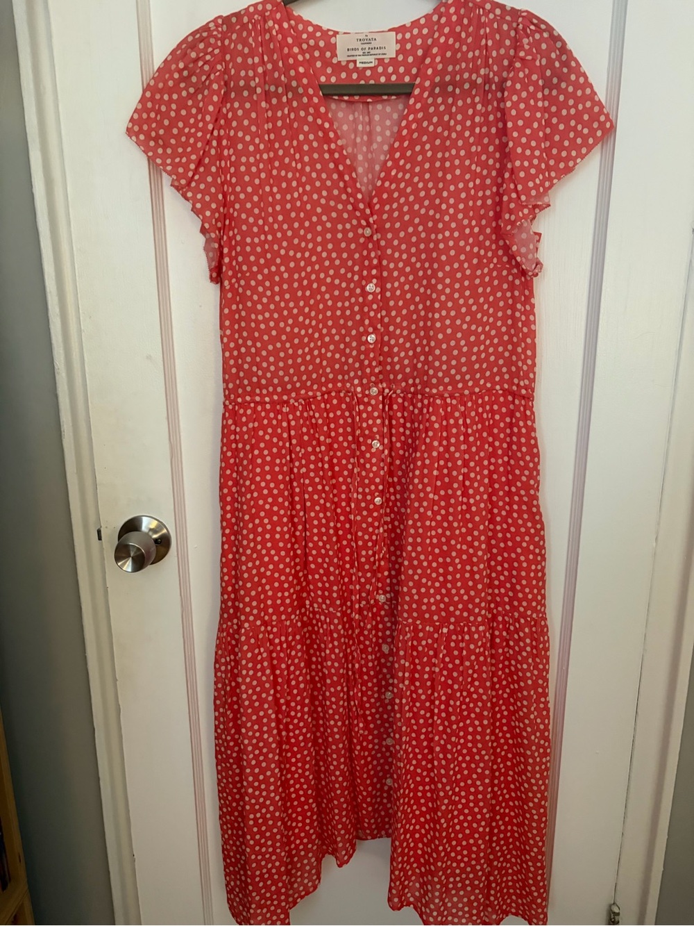Trovata Coral Red Polka Dot Button-Front Midi Dress size Medium